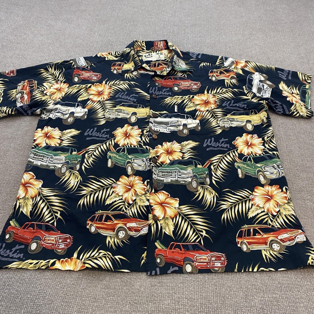 Vintage Koko Island Shirt Mens XL Hawaiian Truck Print Short Sleeve 80s 90s